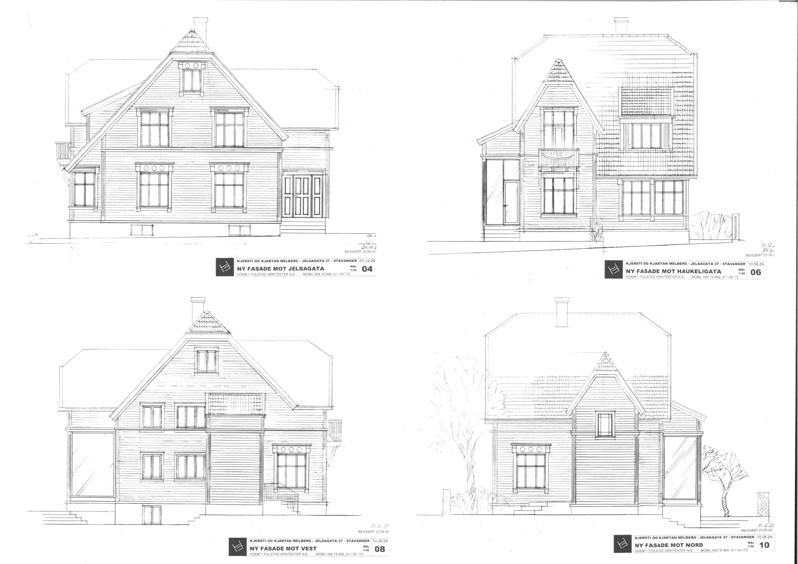 Fasadeoppriss av alle fire sider på et villahus. Arkitekt tegning.