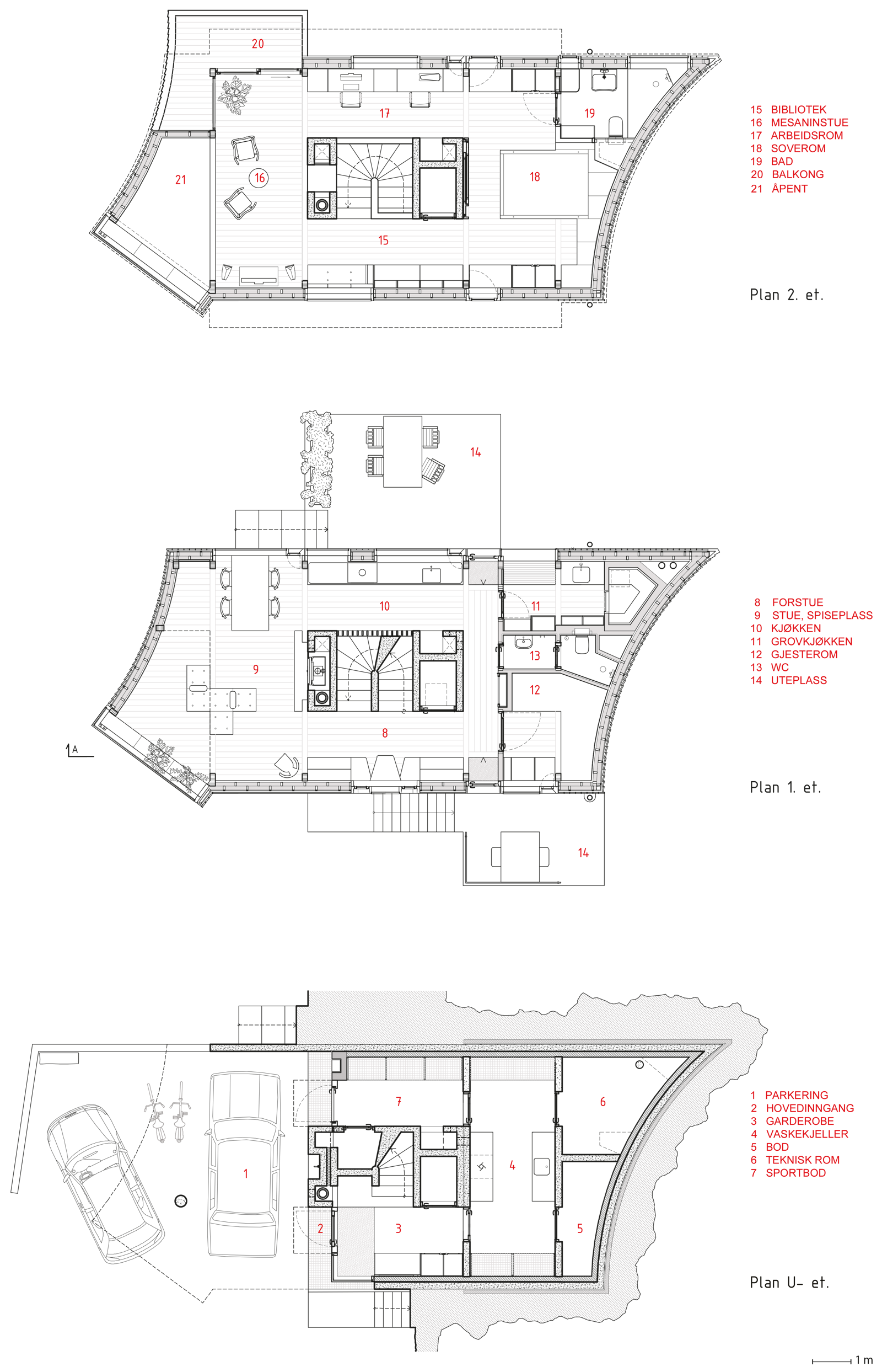 Tre planer av enebolig. Arkitekt tegning.