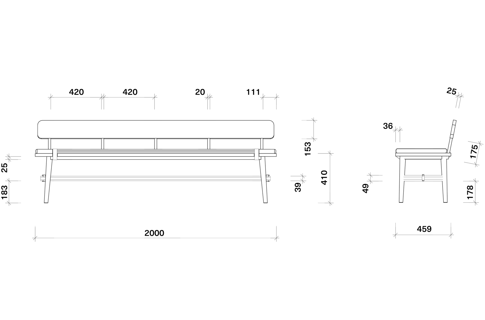 Målsatt oppriss av benk. Design tegning.