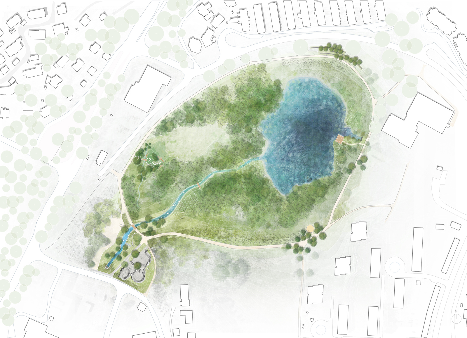 Landskapsplan av park, arkitekt tegning.