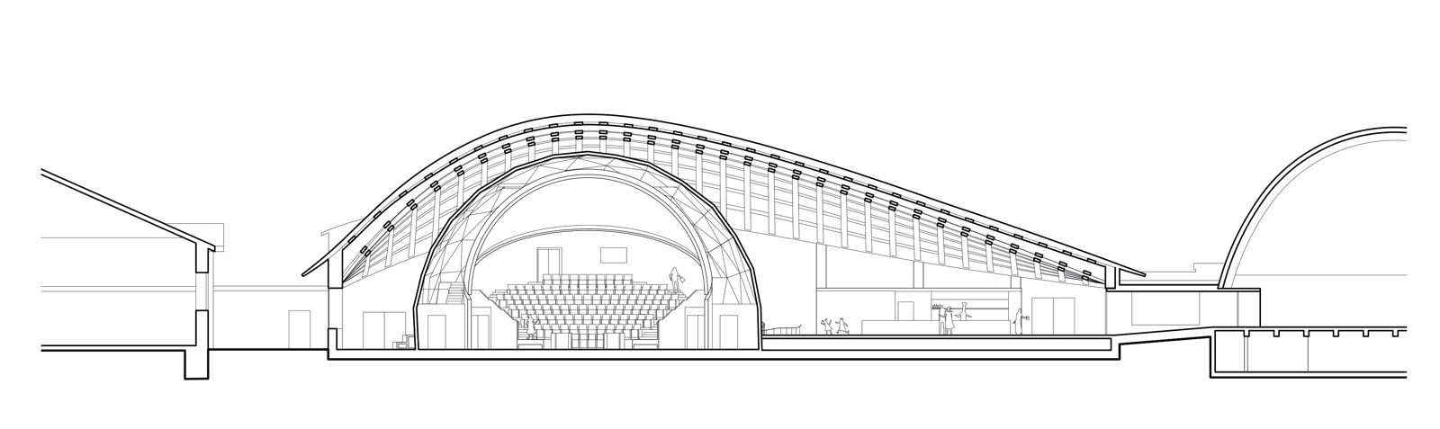 Snitt tegning gjennom visualiseringsrom i Tekniska museet. Arkitekt tegning.