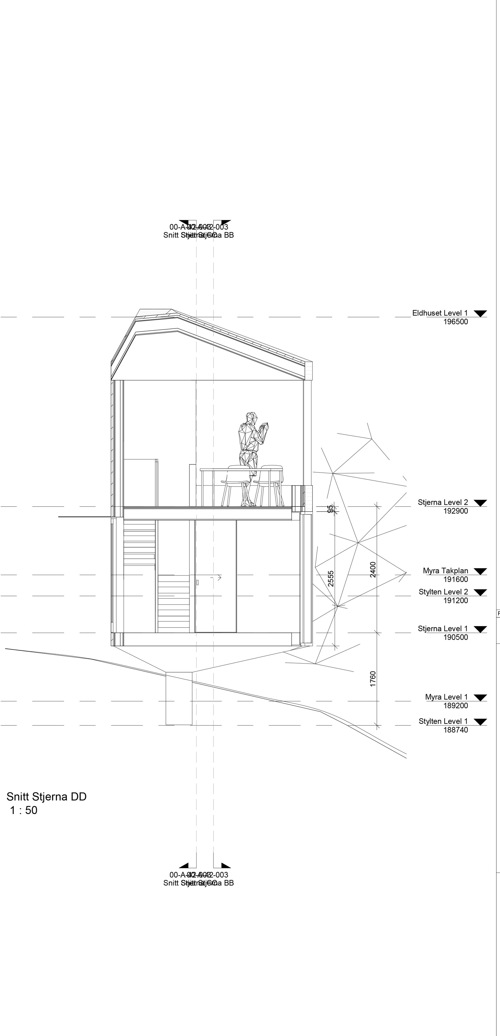 Snitt gjennom hytte. Arkitekt tegning.