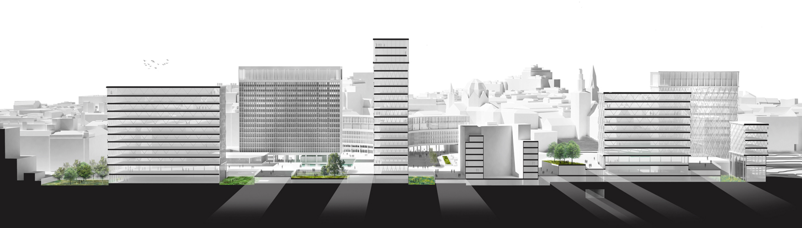 Snitt gjennom gate i byen, oppriss på flere bygninger. Arkitekt tegning.