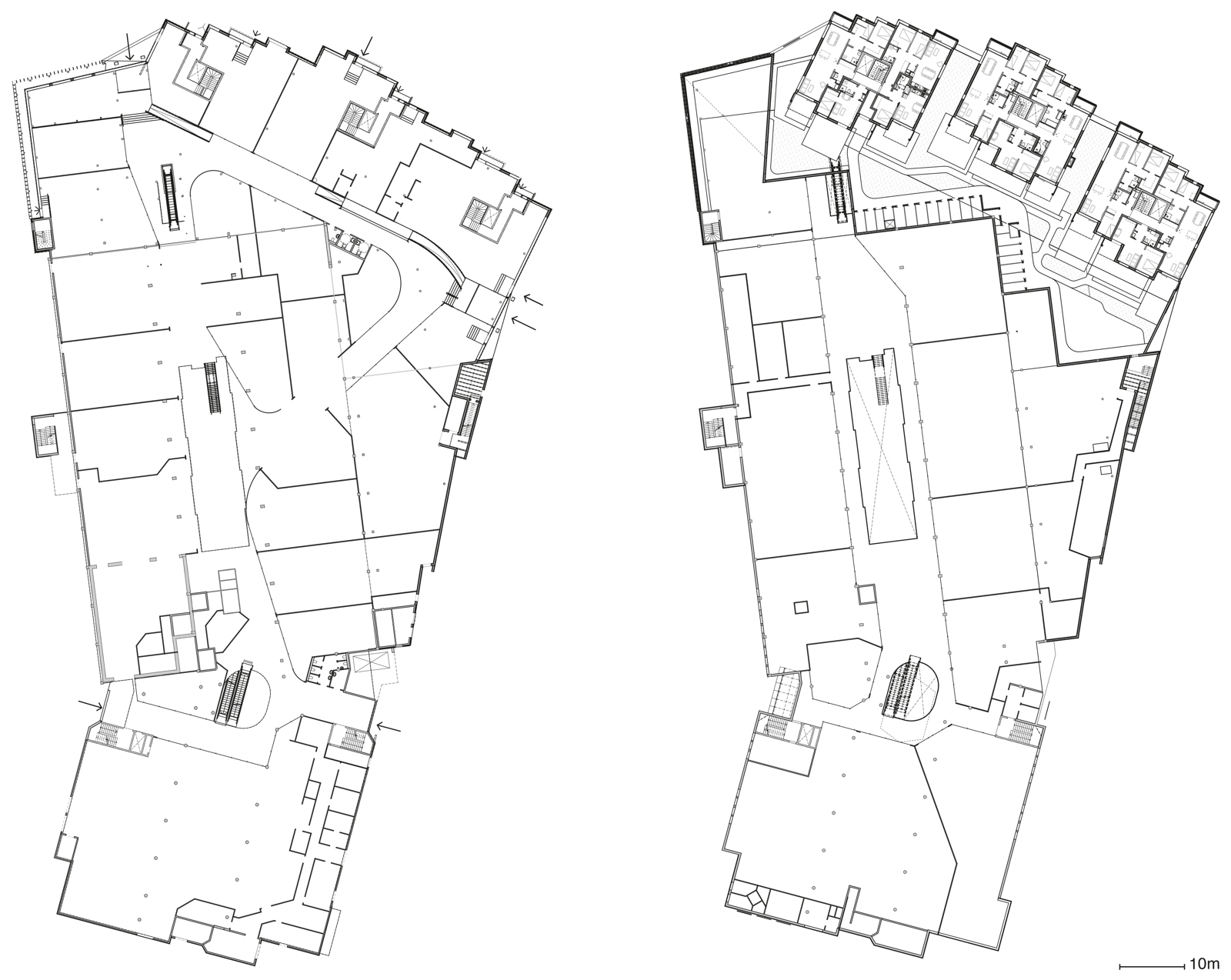 To plantegninger som viser kjøpesentre og leilighetsbygg i kombinasjon. Arkitekt tegning.