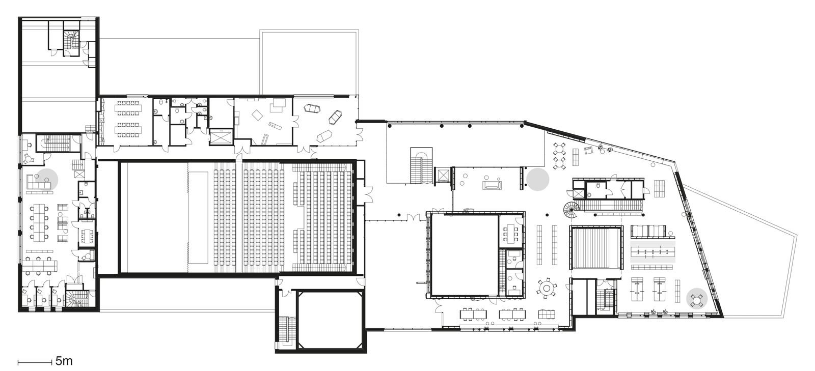Plan tegning av Steinkjær kulturhus med møblering, arkitekt tegning. 