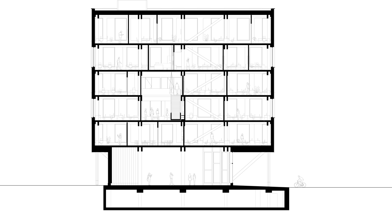 Snitt av kontor og næringsbygg. Arkitekt tegning.