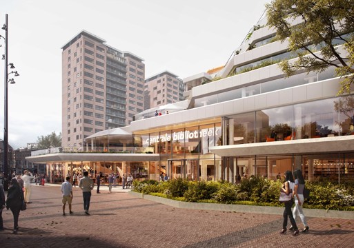 Render av 3D modellert bibliotek satt inn i kontekst. Illustrasjon.