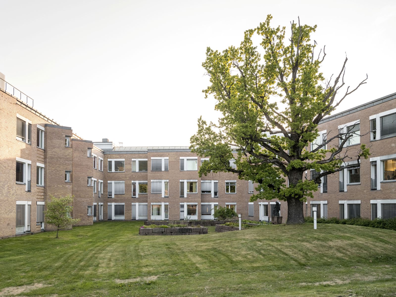 Foto av Rikshospitalet, tre etasjers bygg, grønn hage med et stort tre.