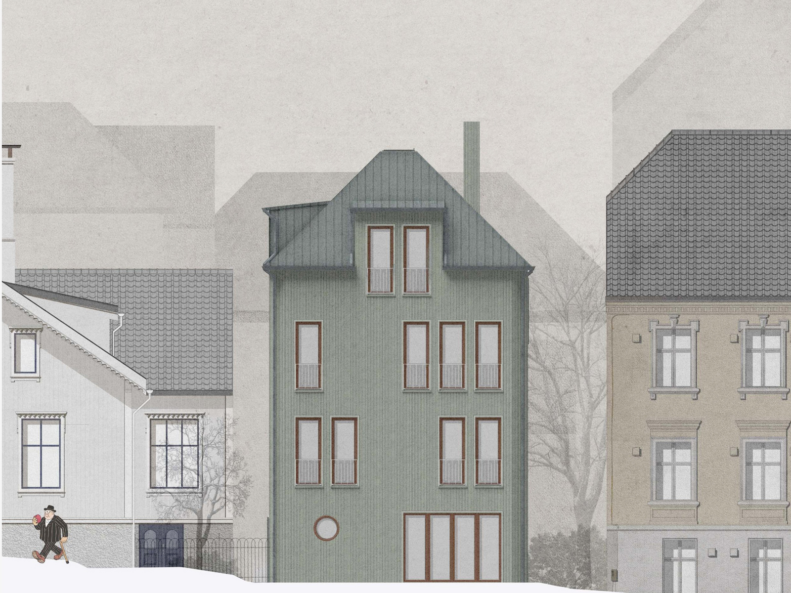 Tegning av Jonas Reins Gate 11. Grønt hus mellom et hvitt hus og et teglhus, Illustrasjon.