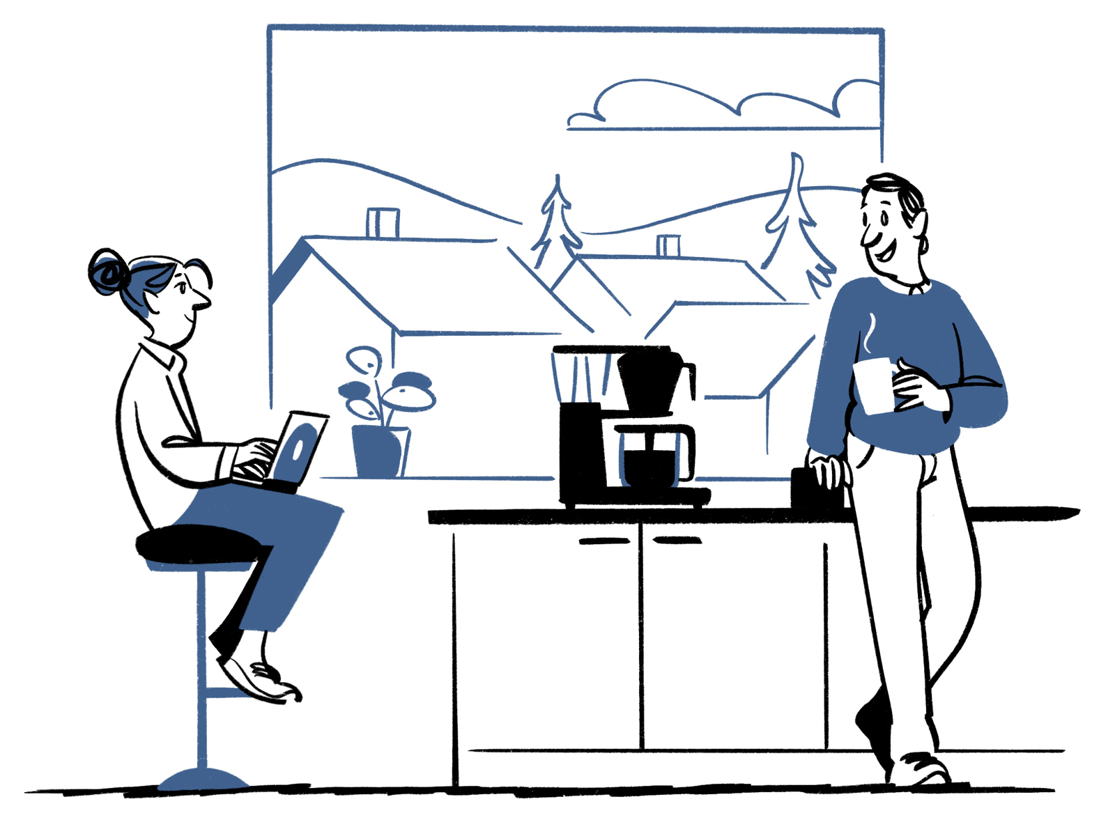 tegning av et kjøkken, to mennesker snakker, dama sitter med pc'en oppe.