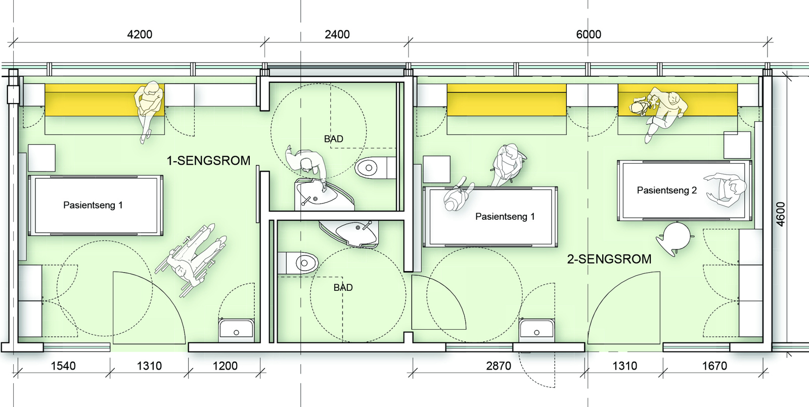 Plan over 1- og 2- sengerom. Arkitekt tegning.