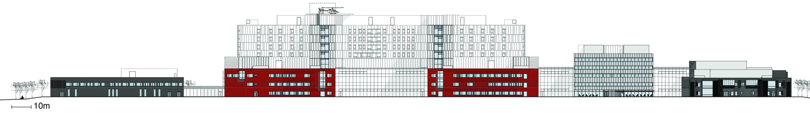 Fasade tegning av sør fasaden på Drammen sykehus. Arkitekt tegning.