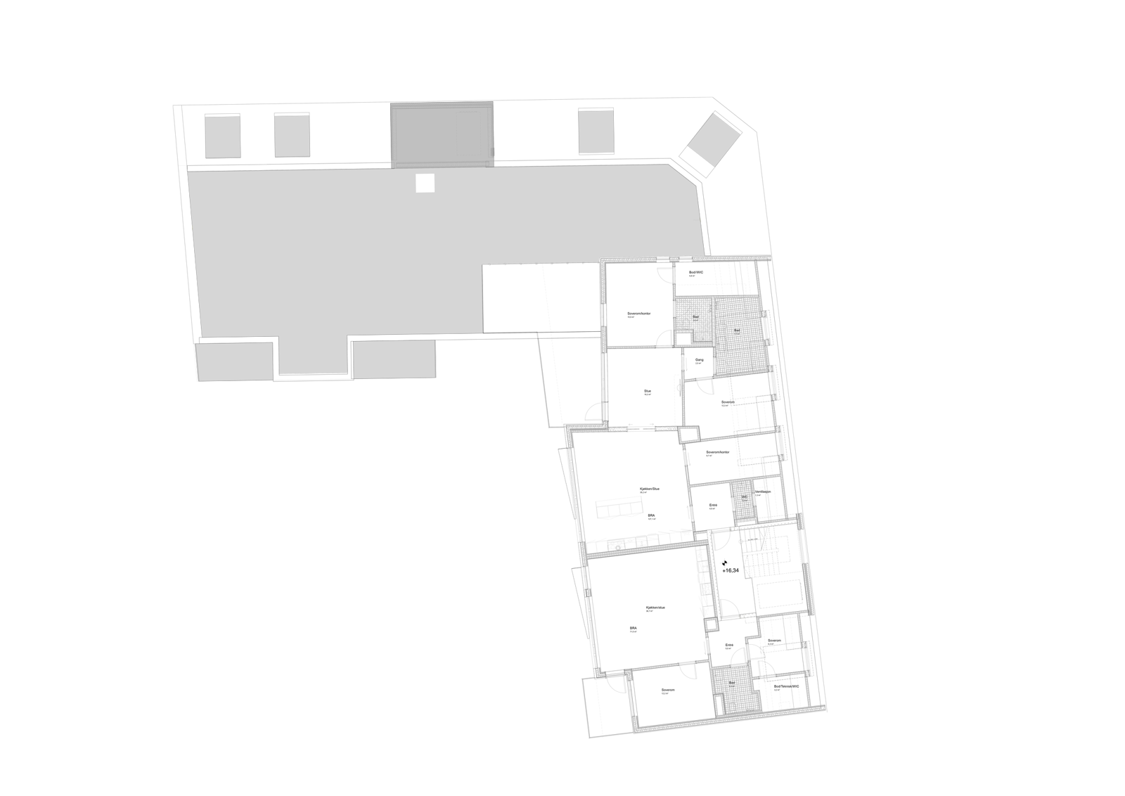 Fjerde etasje plan av L formet boligblokk. Arkitekt tegning.