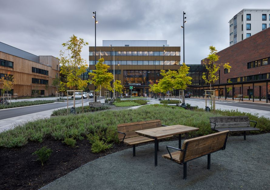 Foto av hovedinngangen til Drammen sykehus, benker og vegetasjon i forgrunnen.
