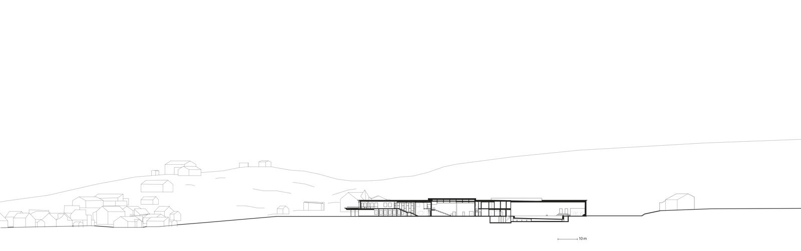 Snitt tegning av skole, arkitekt tegning.