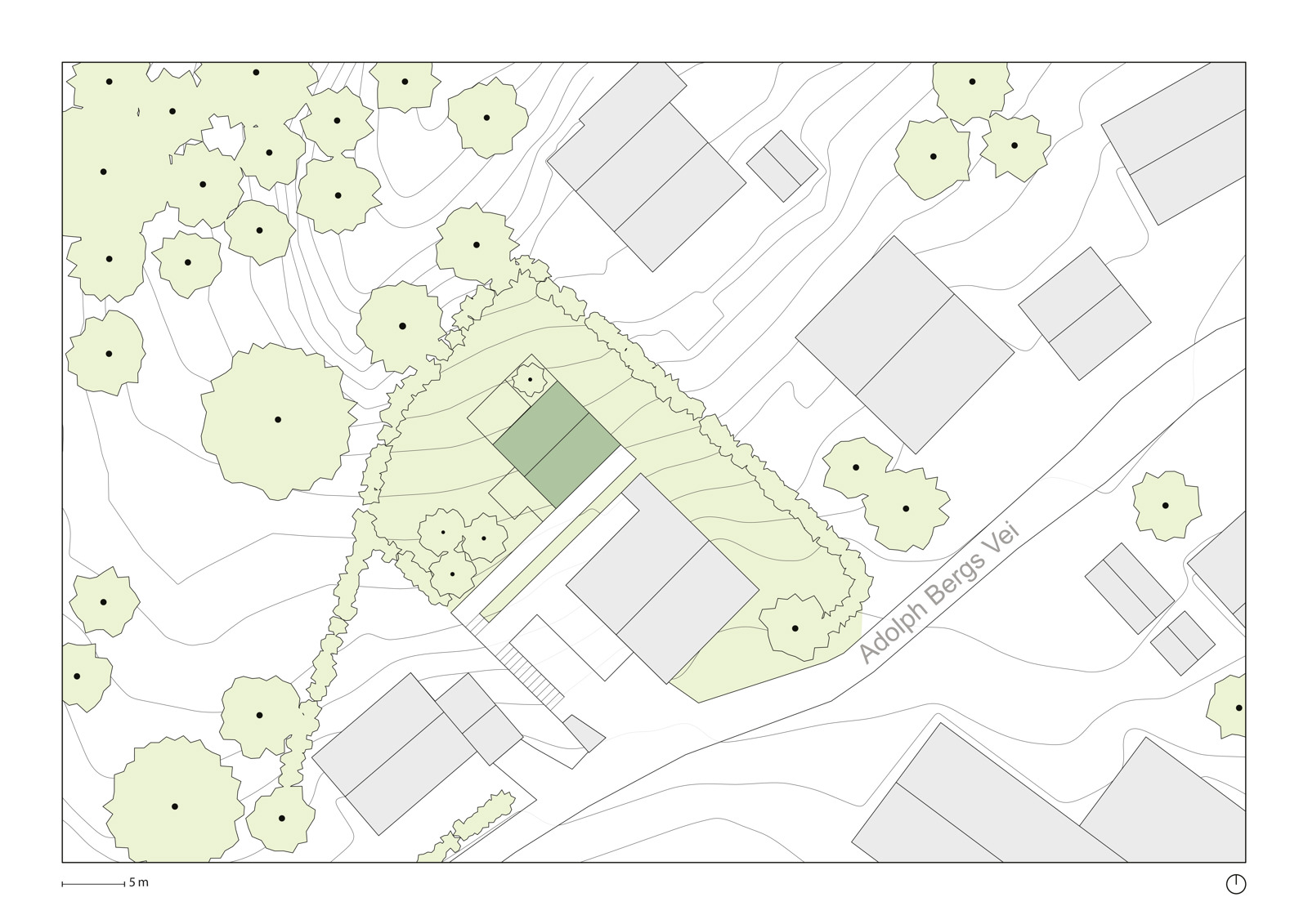 Plan som viser plassering av bolig i nabolagskontekst. Arkitekt tegning.