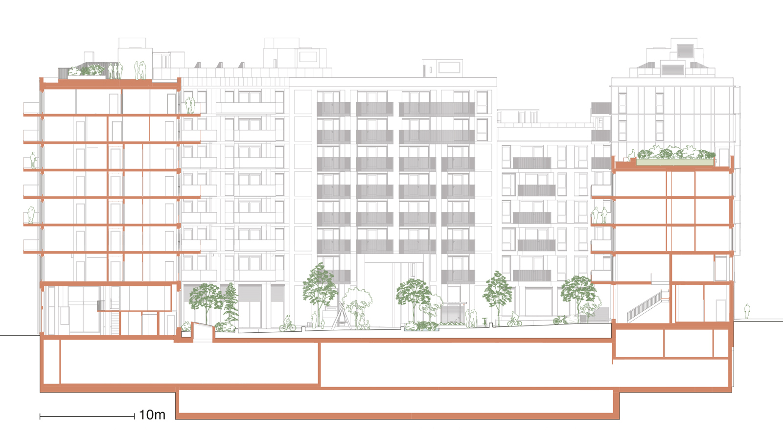 Snitt gjennom Clemenskvartalet, arkitekt tegning.
