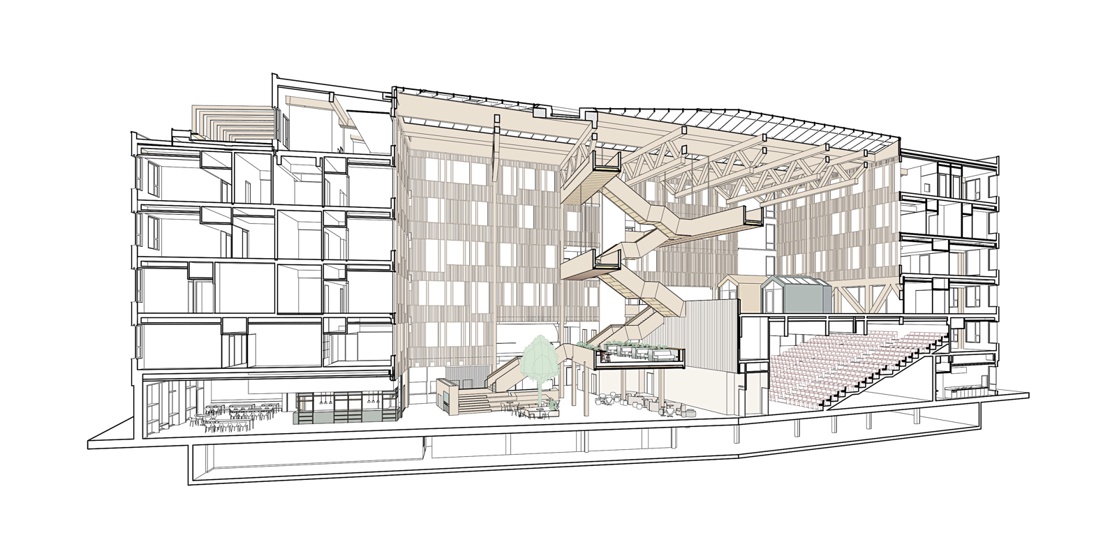 Aksonometrisk snitt tegning av undervisningsbygg med stort atrium. Arkitekt tegning.