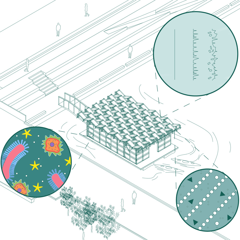 Aksonometrisk tegning med sirkler som viser spesifikke områder nærmere. Arkitekt tegning.