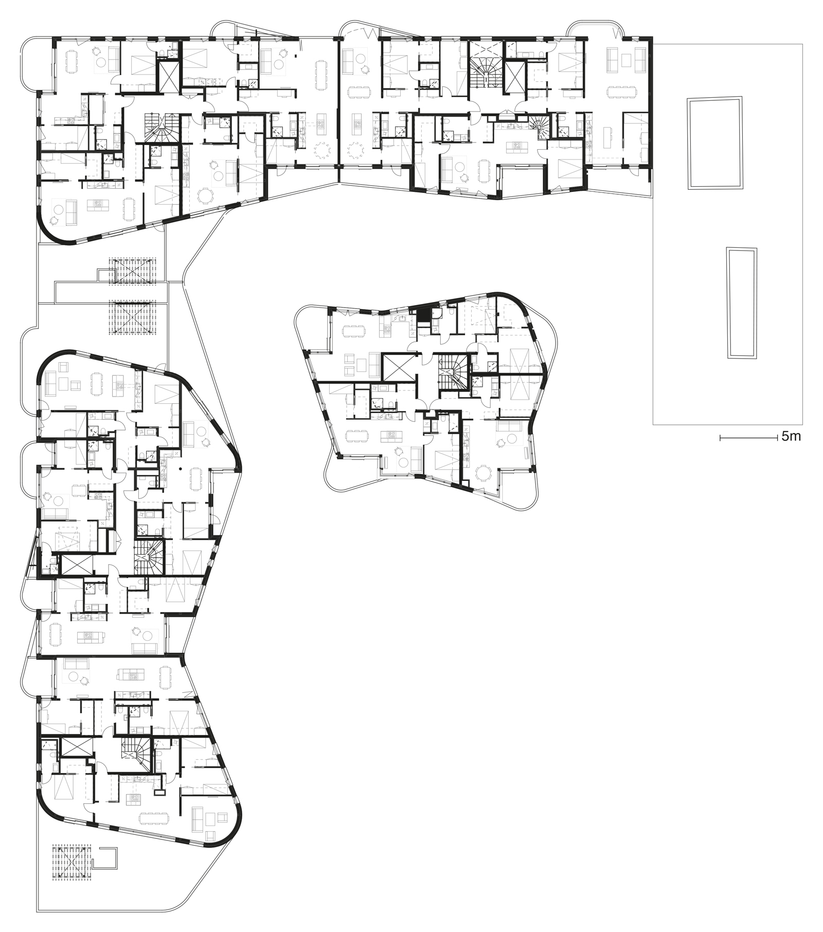 Plan over tredje etasje i Wesselkvartalet. Arkitekt tegning av boligblokker.