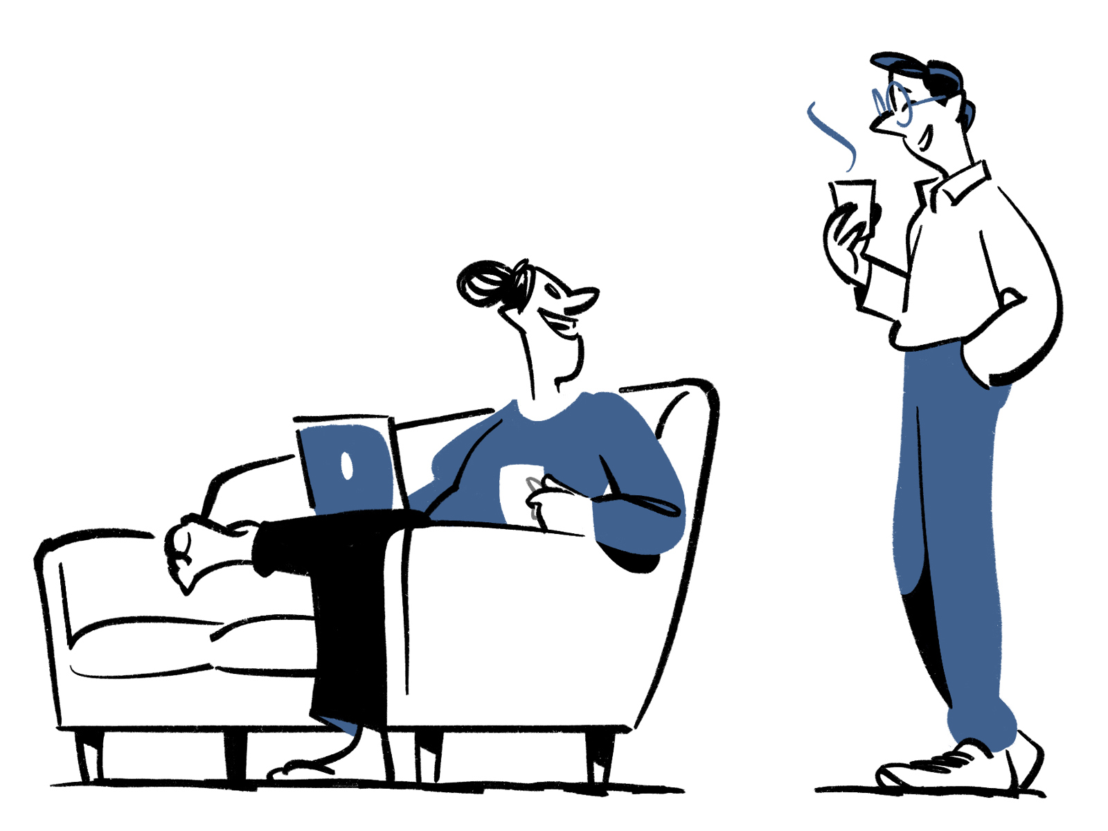 Tegning av en dame som sitter i en sofa og en mann som står med en kaffe i hånda. 