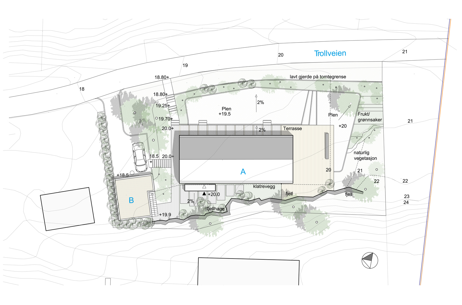 Situasjonsplan over enebolig i kontekst. Arkitekt tegning.
