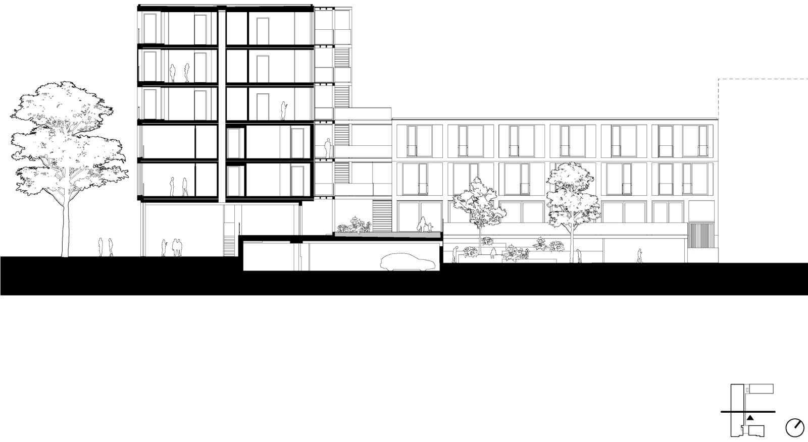Snitt av boligblokk og gårdsrom. Arkitekt tegning.