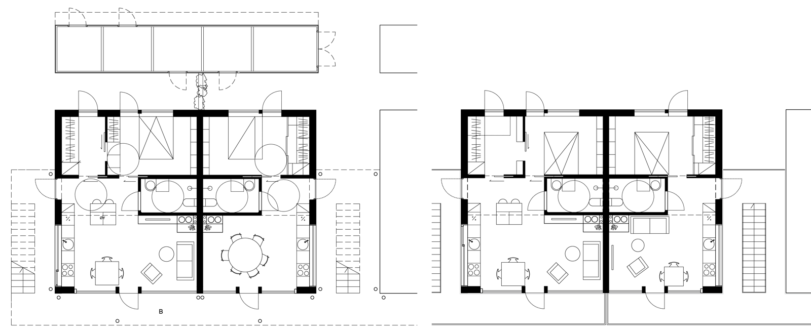 Plantegning av første og andre etasje på tomannsbolig. Arkitekt tegning.