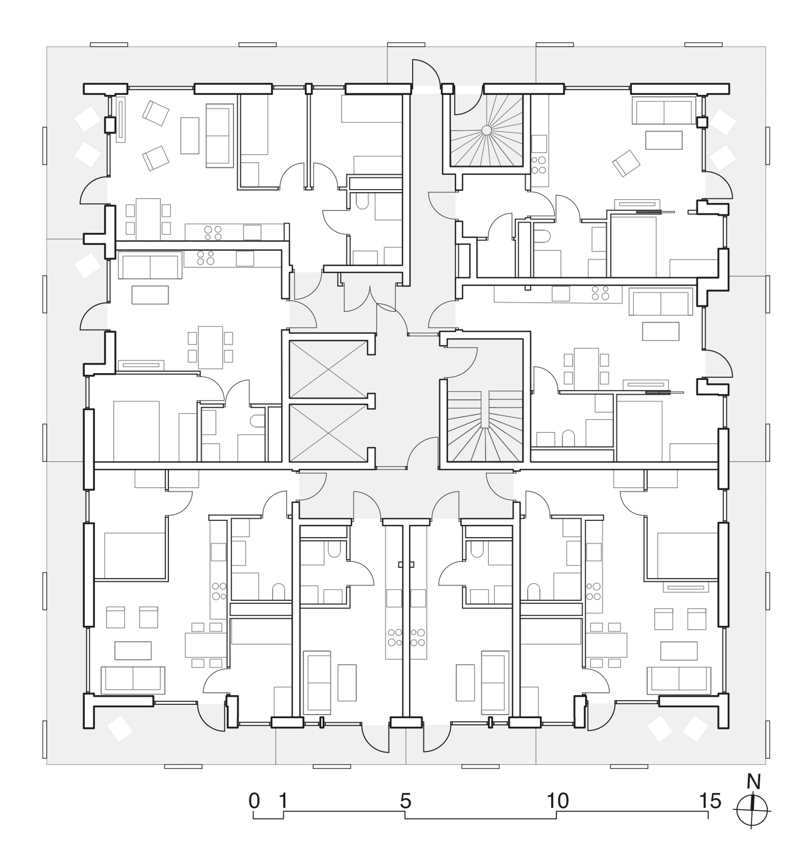 Plan av kvadratisk høyblokk, arkitekt tegning.