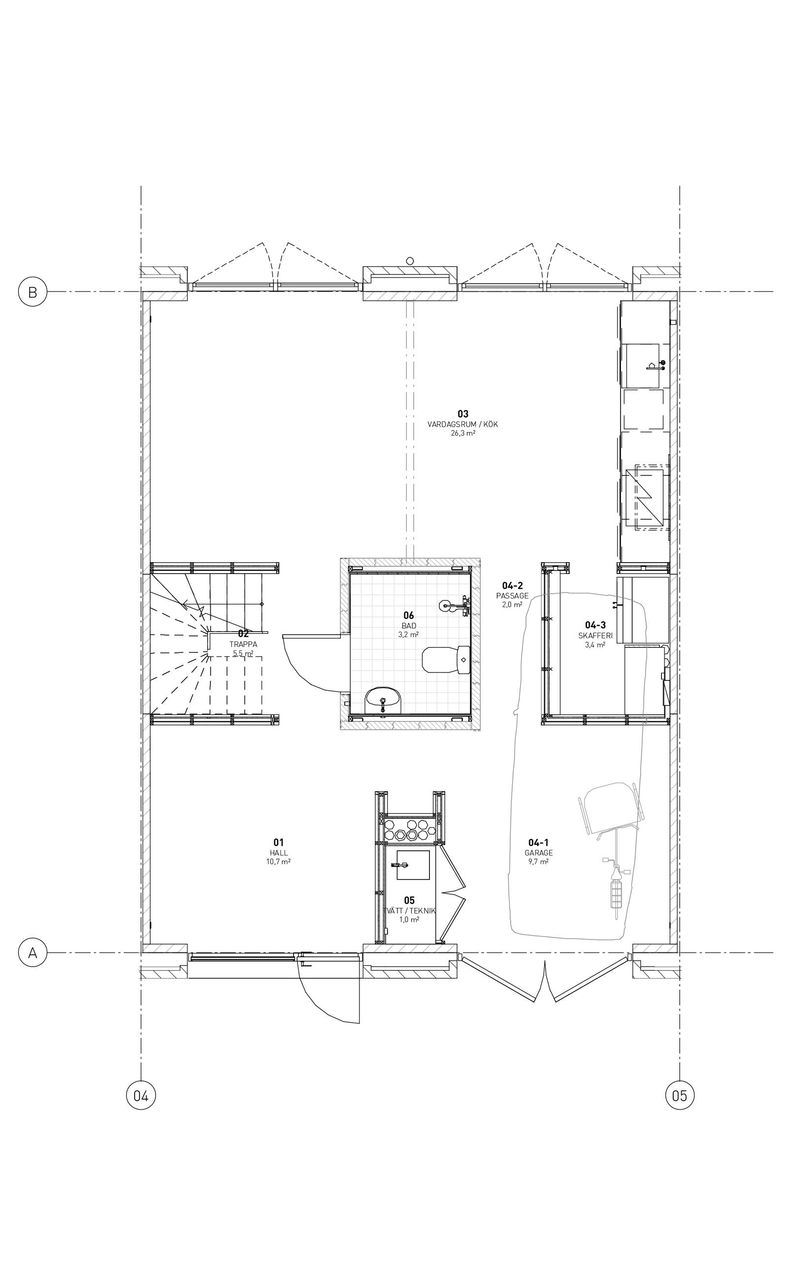 Plantegning av første etasje på en bolig i et rekkehus. Arkitekt tegning.