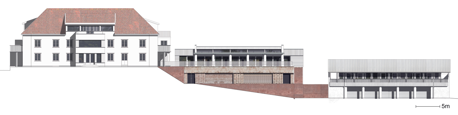 Situasjonssnitt med teksturerte fasader av en resort med fire bygninger, arkitekt tegning.