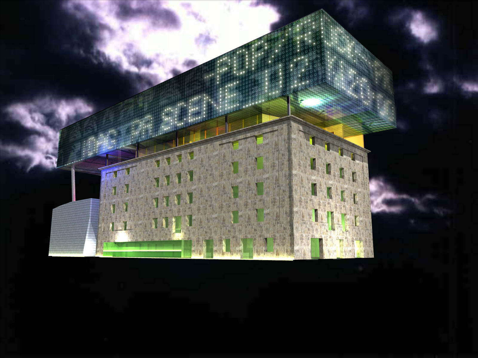 Collage som viser et bygg mot en dramatisk bakgrunn.