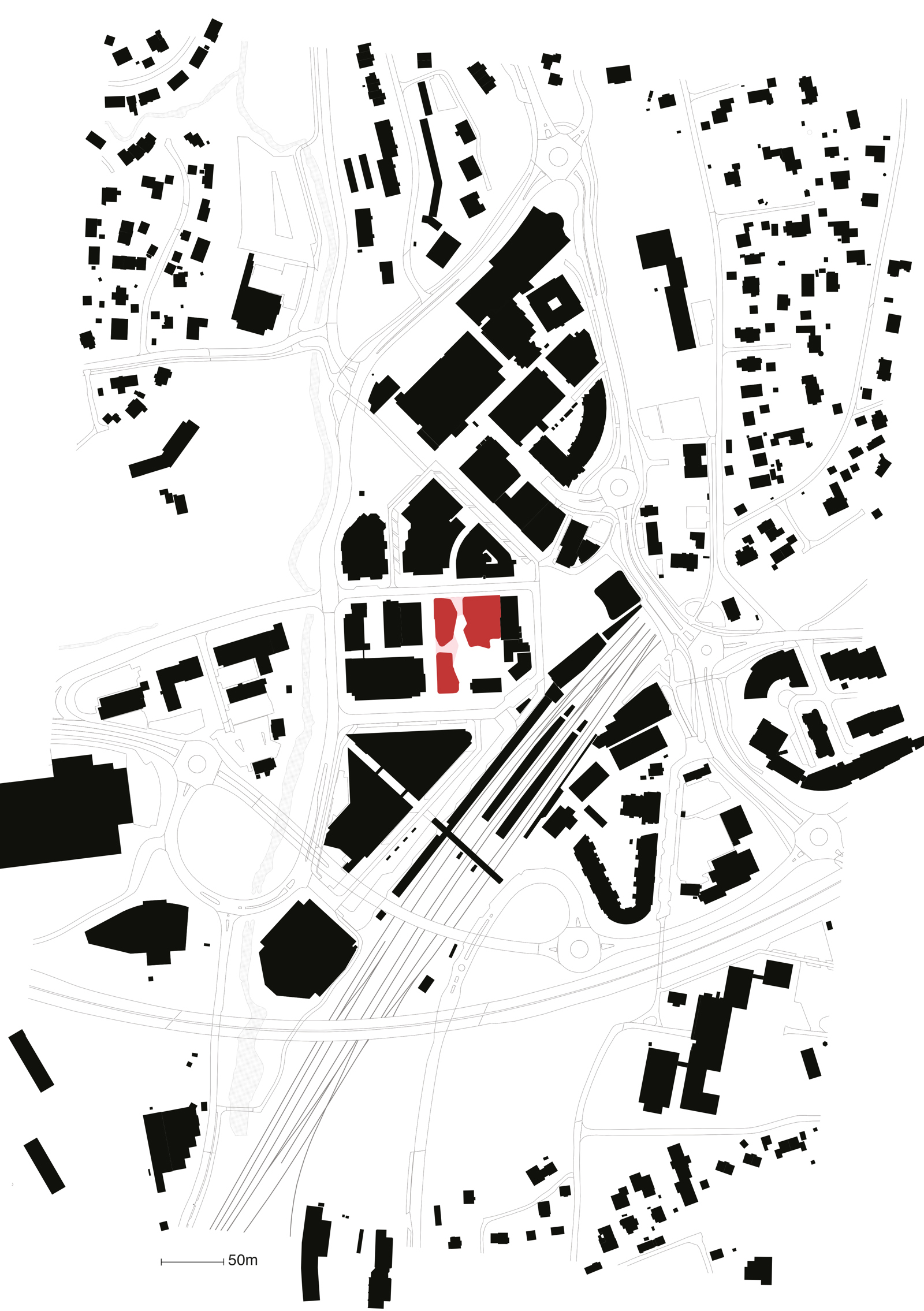 Situasjonsplan med Wesselkvartalet markert i rødt. Arkitekt tegning.