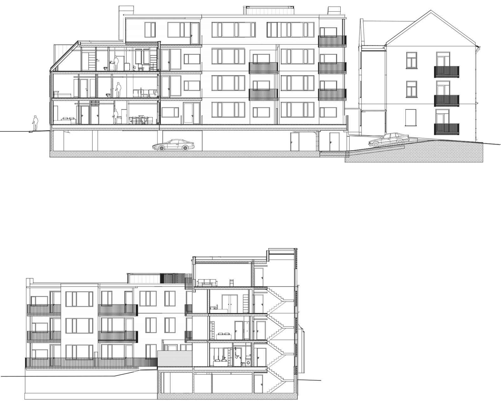 To snitt gjennom boligblokk. Arkitekt tegning.