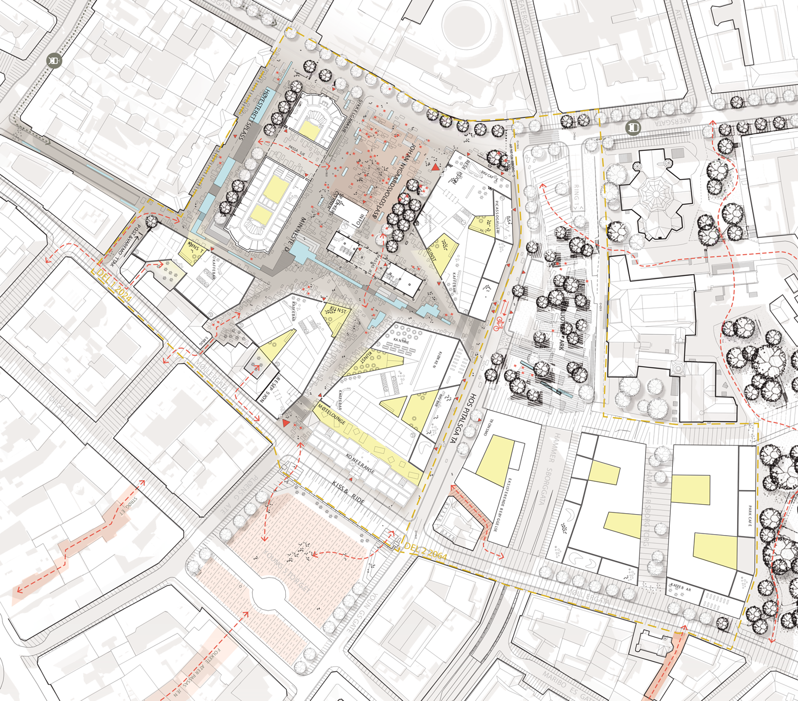 Situasjonsplan som viser by, plasser og sammenhenger. Arkitekt tegning.