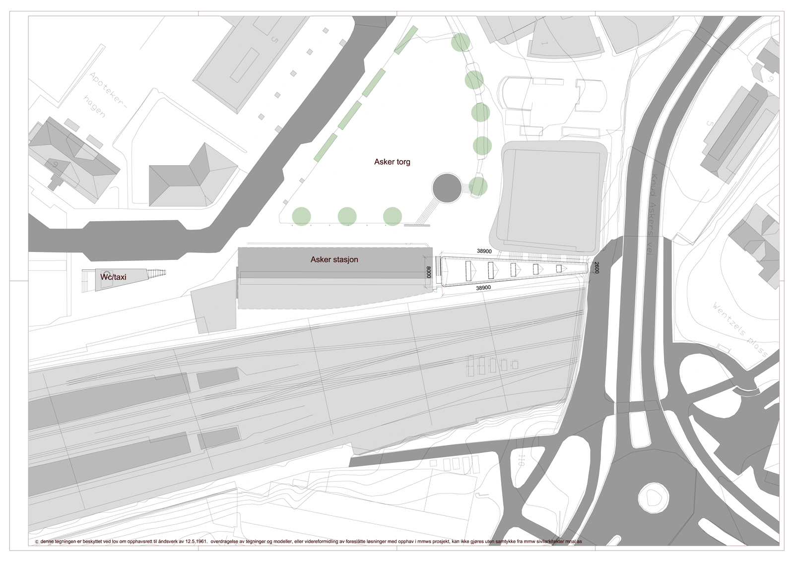 Situasjonsplan som viser plassering av sykkel hotell. Arkitekt tegning.