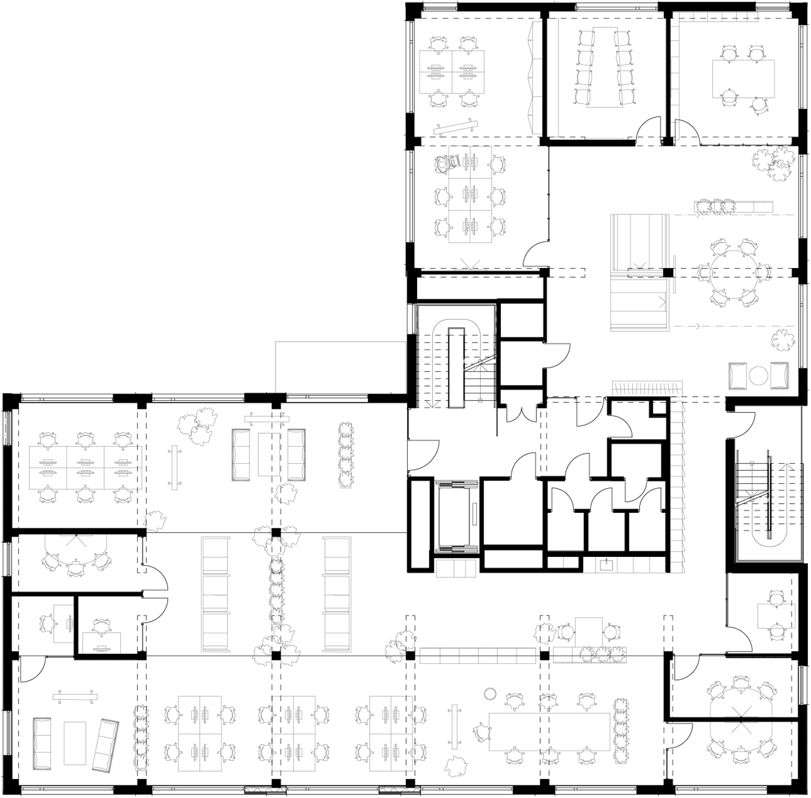 Etasjeplan av kontorbygg. Arkitekt tegning.