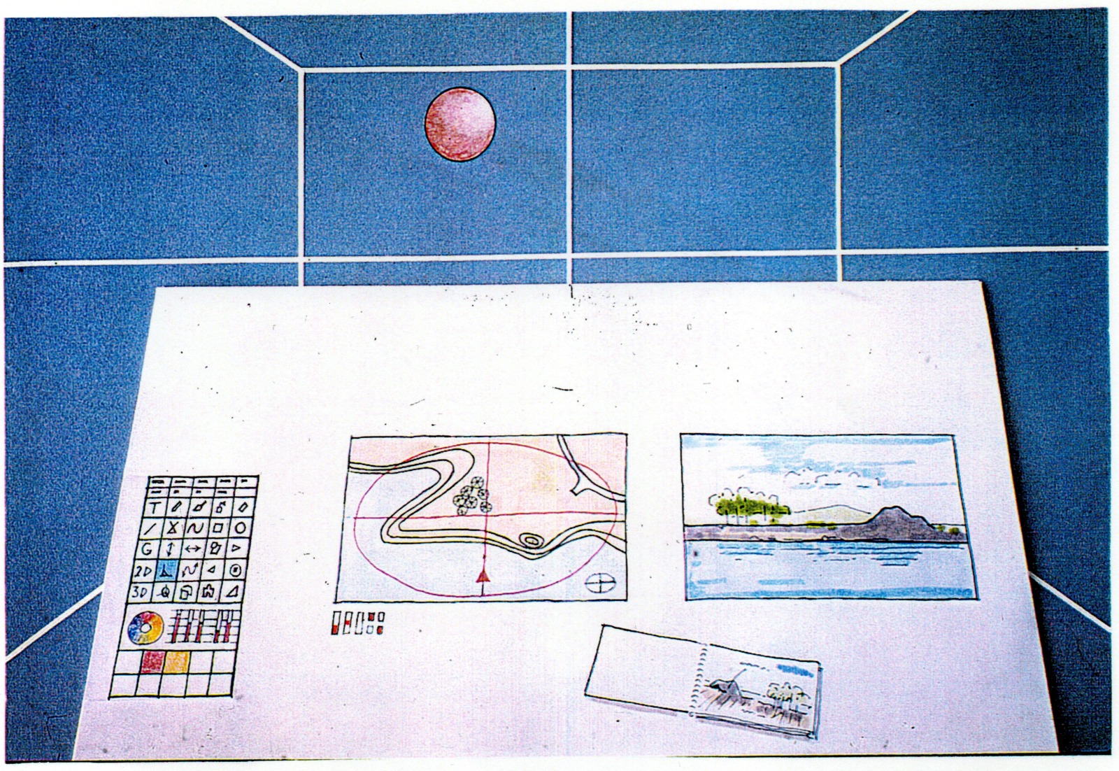 Scan av tegning som viser et blått rom med et tegnebord.