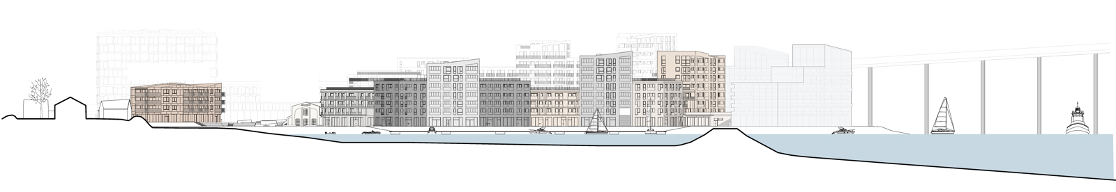 Snitt som viser fasadefronten på boligkvartalet vervet i Tromsø. Arkitekt tegning.