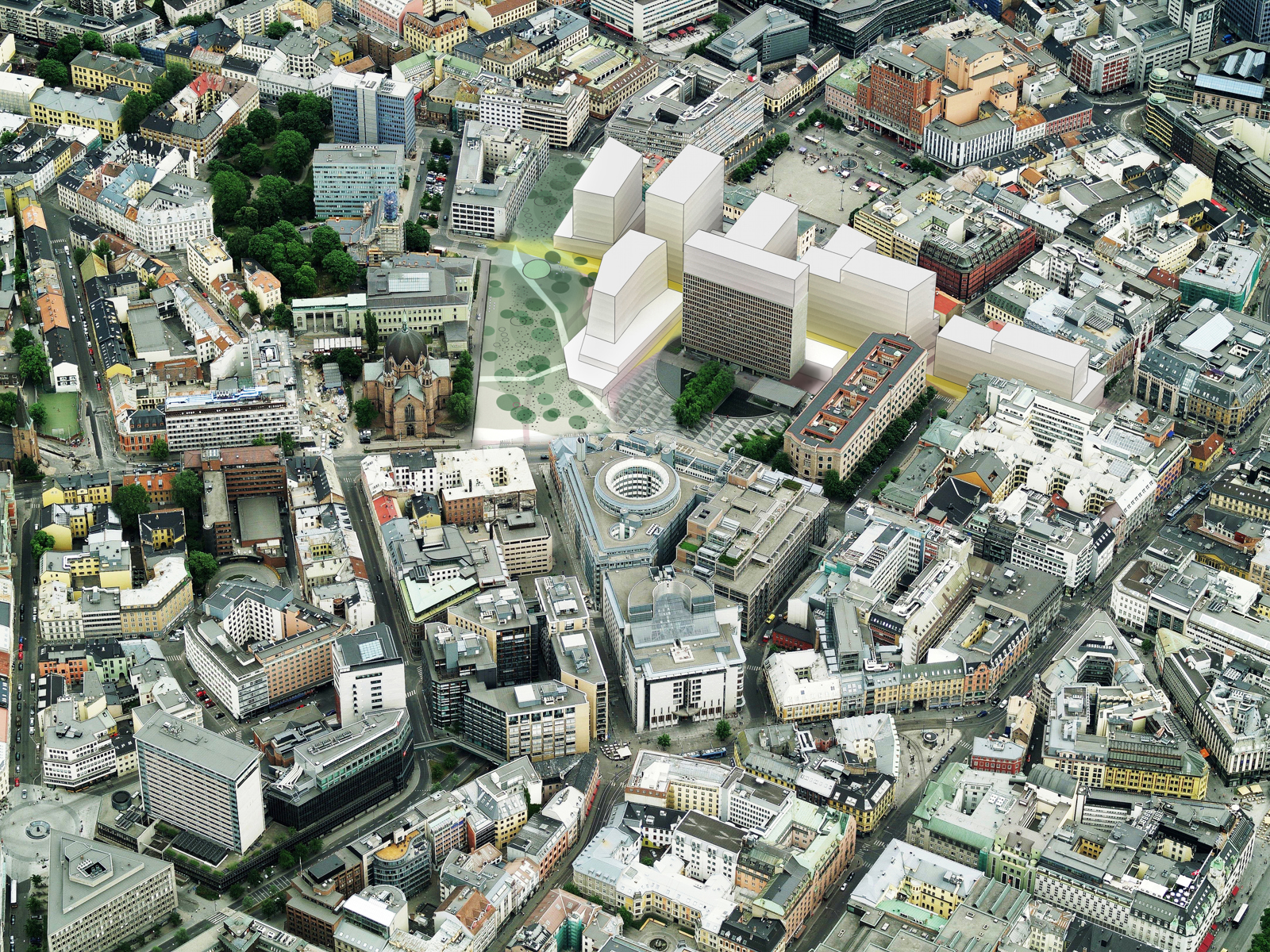 Digital illustrasjon over regjeringskvartalet som viser byplangrepet som åpner byen i øst-vestlig retning. Sett i fugleperspektiv.