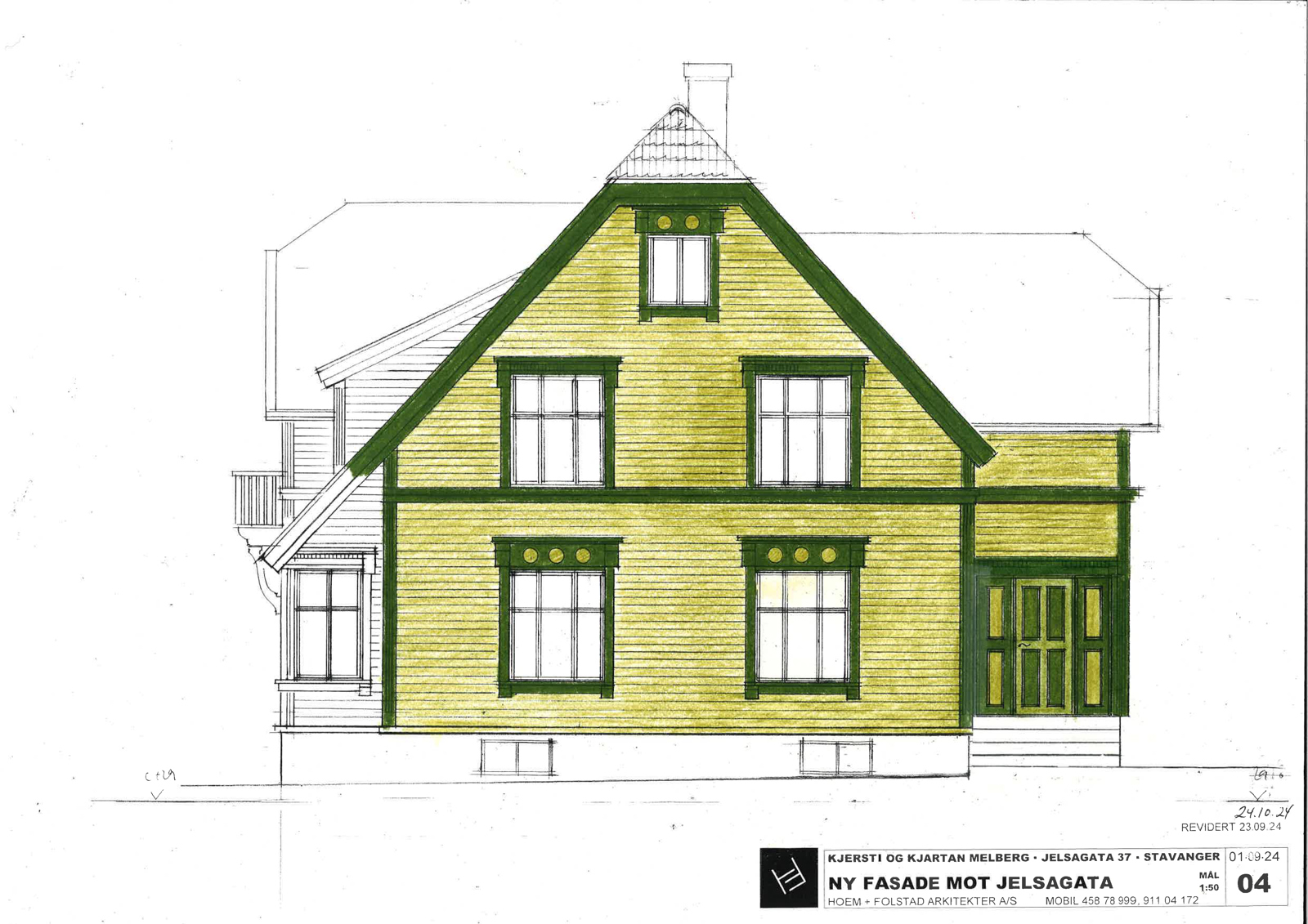 Fasadetegning av villa, fargelagt. Arkitekt tegning.