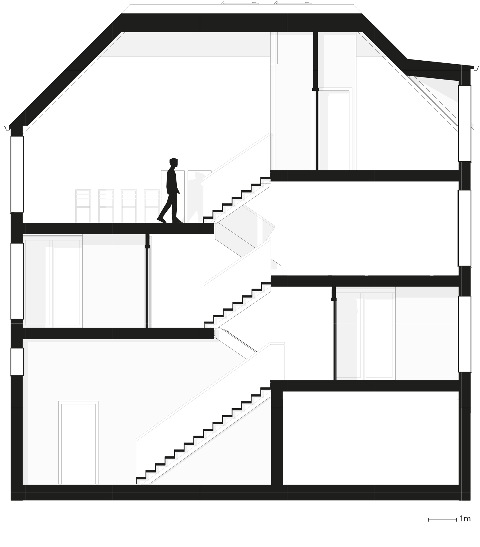 Langsnitt av enmannsbolig med valmet tak. Arkitekt tegning.