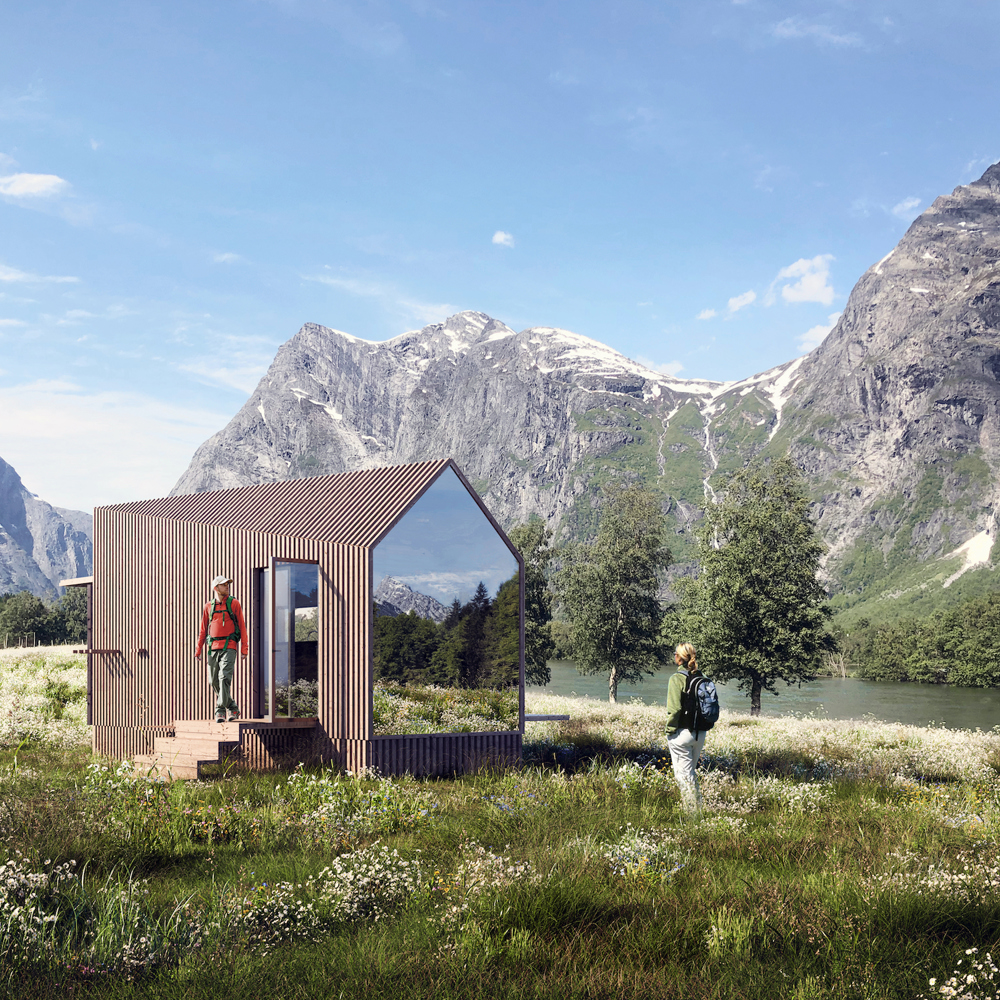 Viualisering av en liten hytte foran innsjø og fjell