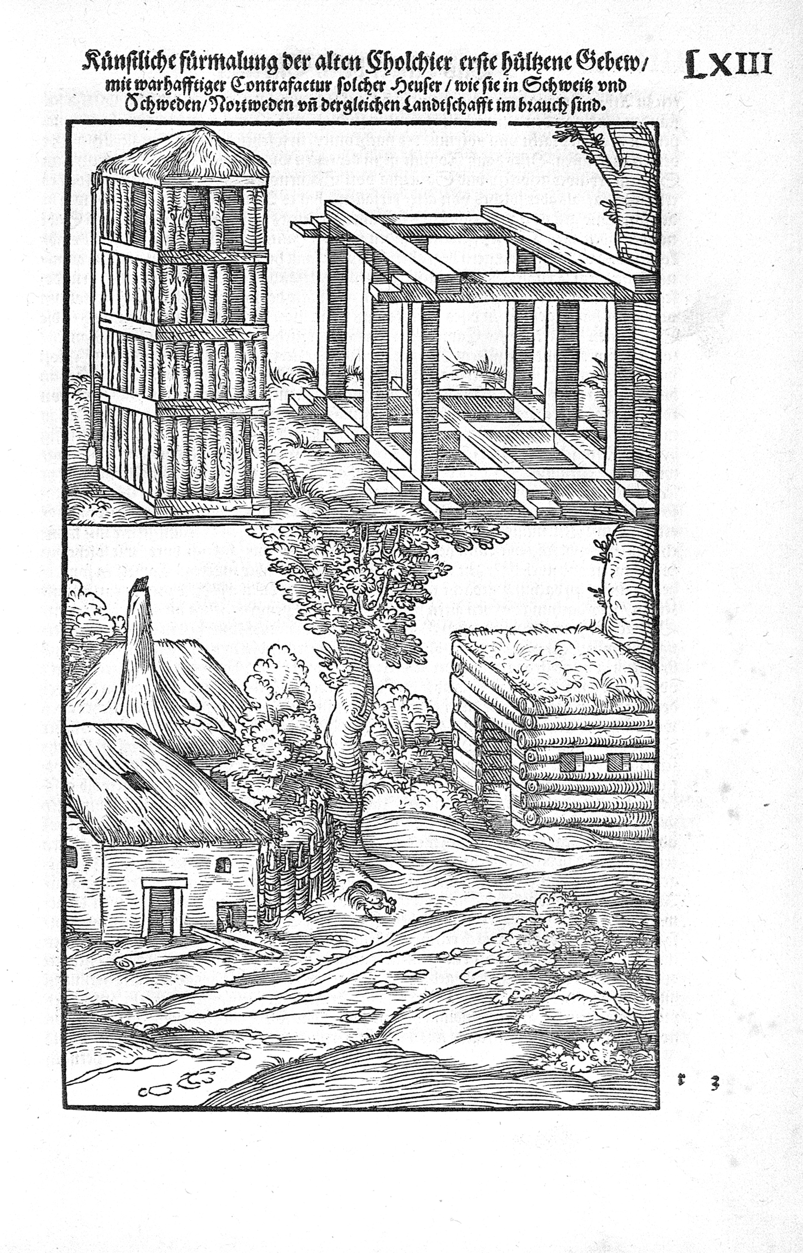 Tresnitt fra Walther Ryffs tyske oversettelse av Vitruvs Om arkitektur fra 1547. Små hus.