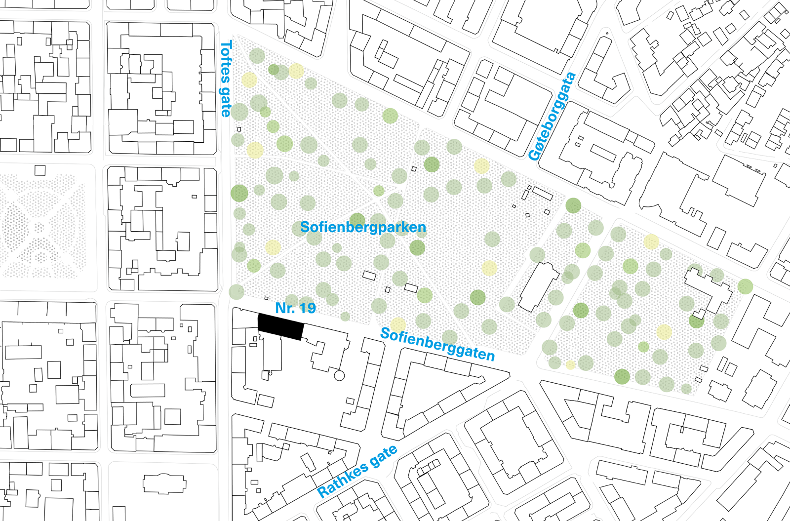 Situasjonsplan som viser plassering av prosjekt bygg i bykontekst. Arkitekt tegning.