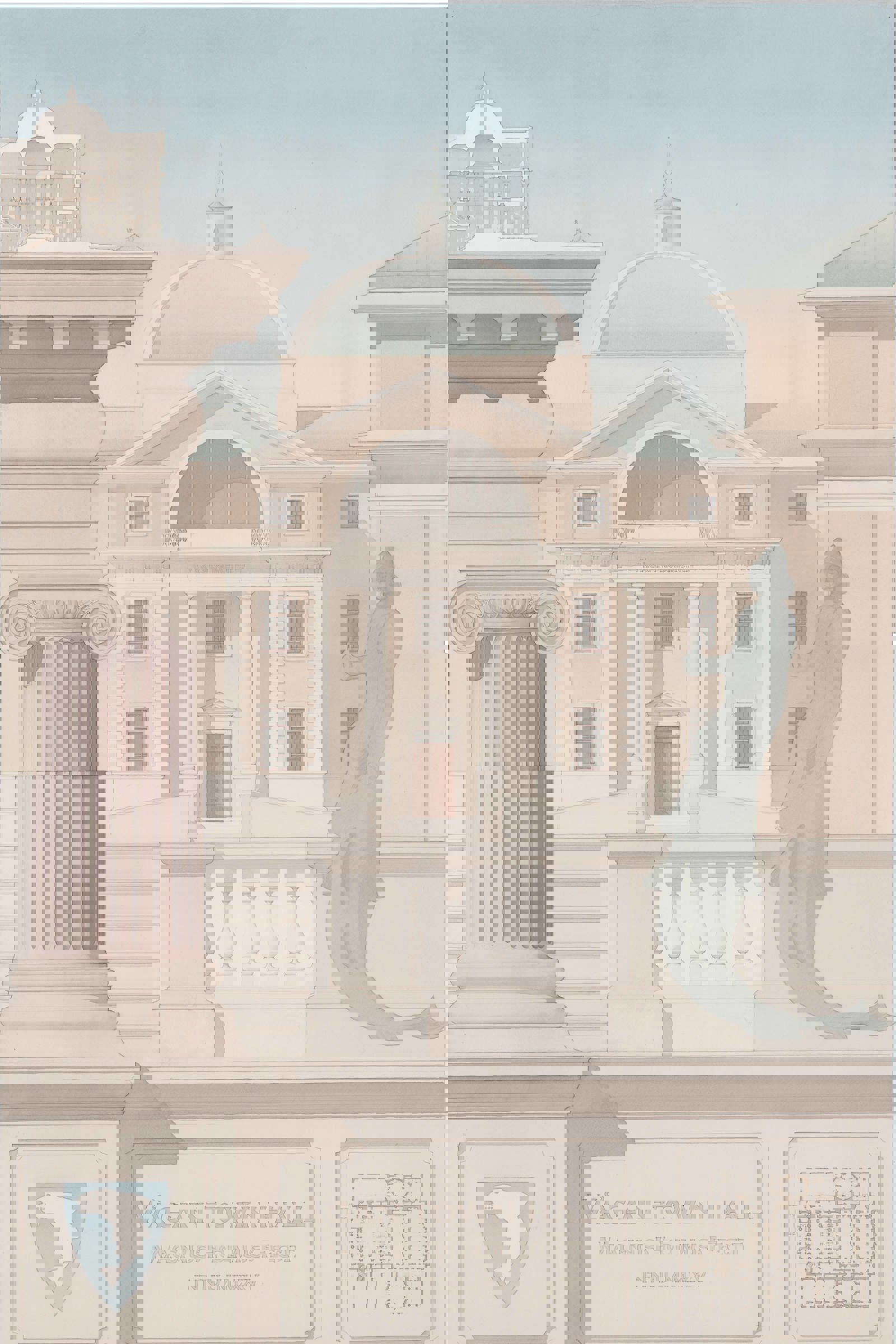 Oppriss av bygning og bygningselementer i akvarell maleri.