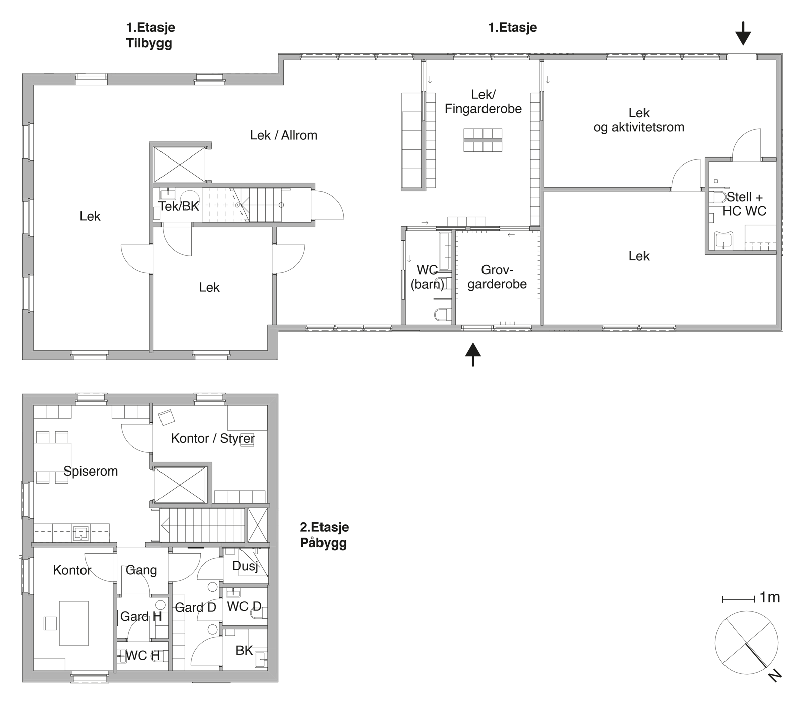 Første og andre etasje plan over barnehage. Arkitekt tegning.