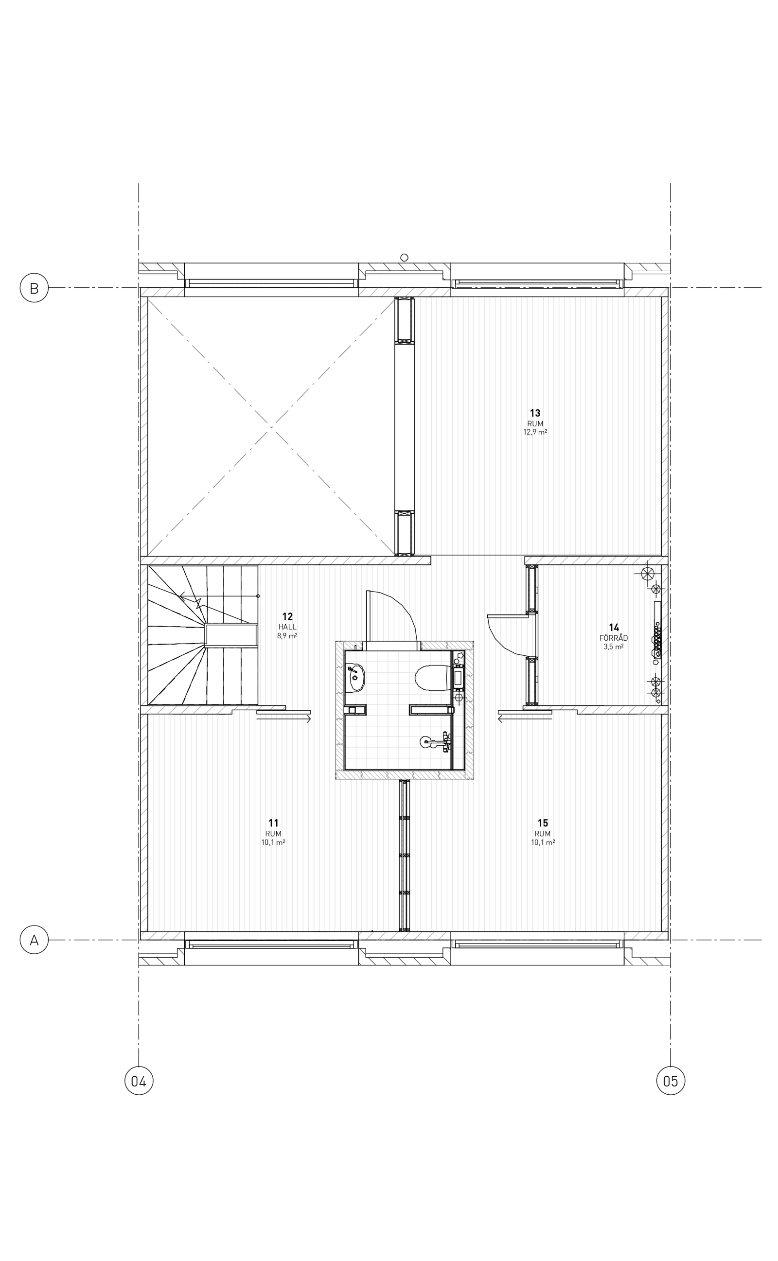 Plantegning av andre etasje på en bolig i et rekkehus. Arkitekt tegning.