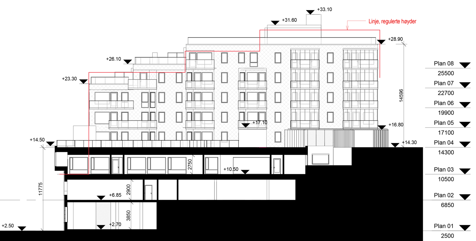 Snitt gjennom bygg med boligblokk i oppriss bak. Arkitekt tegning.