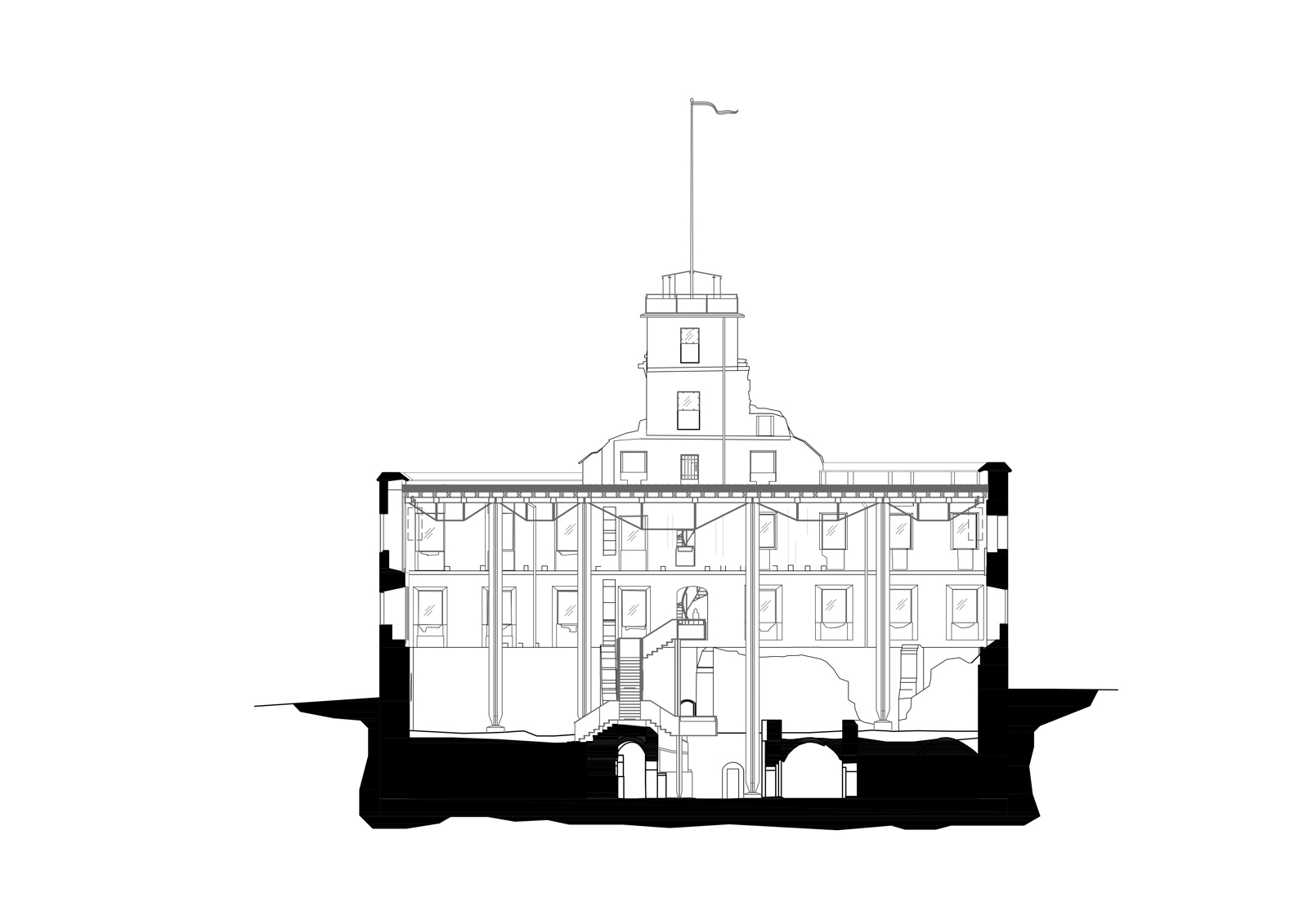 Snitt gjennom slottsruin, arkitekt tegning.